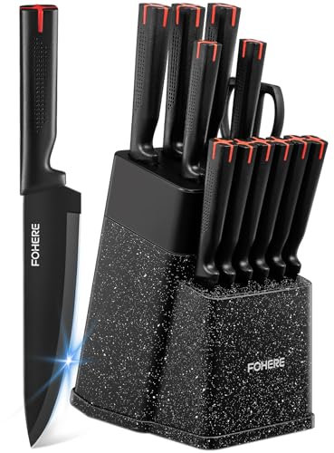 Juego de Cuchillos de Cocina FOHERE 13 Piezas Cuchillos de Cocina Acero Inoxidable con Bloque Afilador Integrado Bloque de Cuchillos Profesional con Soportes para Cuchillos, Granito Negro