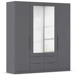 Rauch Möbel Belfast Kleiderschrank, Schrank, Garderobe, Organizer, 4-türig, mit Spiegel, 4 Schubladen für mehr Stauraum, Farbe Grau metallic, Schwarz, Kurze Griffleisten Grau metallic, 181x197x54cm