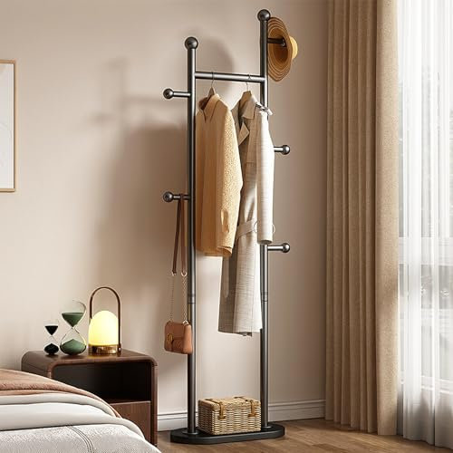 UUE Garderobenständer, stabiler Kleiderständer Metall, Garderobe, für Kleidung, Taschen und Hüte, Höhe 168 cm, mit 5 Haken, für Wohnzimmer Schlafzimmer Büro (Schwarz)