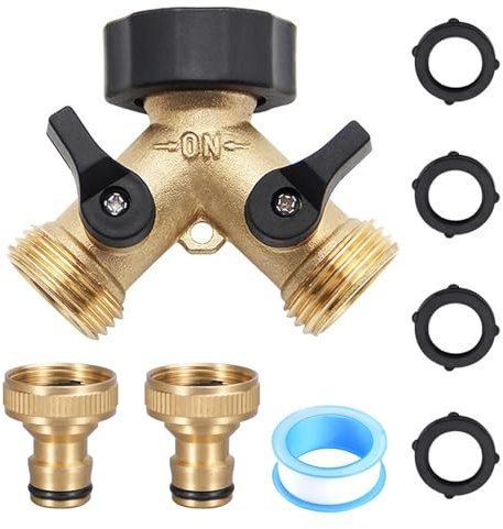 GROOFOO 2-Wege Y-Verteiler 3/4 Zoll mit Absperrventil – inkl. 2 Schlauchadapter, 4 Gummidichtungen & PTFE-Dichtband, ideal für Haus & Garten, passend für gängige Schlauchsysteme