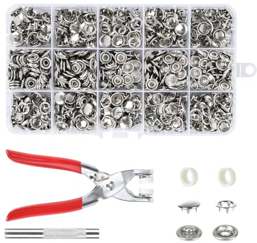 200 Sets Druckknöpfe mit Zange, Metall Druckknöpfe Ohne Nähen, 9,5mm Druckknopf Set mit Zange, Hohle und Feste Knöpfe Werkzeug für Baby-Kleidung, DIY Basteln, Näharbeiten (Silbrig)