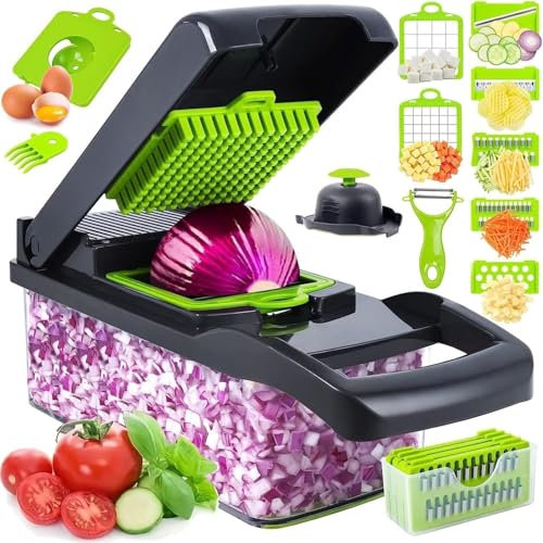 Picadora de verduras 16 en 1, procesador de alimentos de cocina multifuncional con 8 cuchillas para rebanar, picar, juliana y rallar, incluye recipiente y cepillo de limpieza, perfecto para frutas