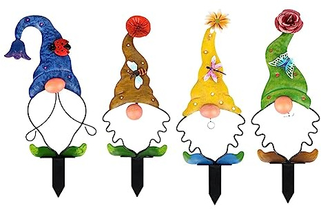 Junterone 4 PCS Garden Gnome Stake Decoration Metal Yard Art Outdoor Statue Decor for Lawn Patio Pathway