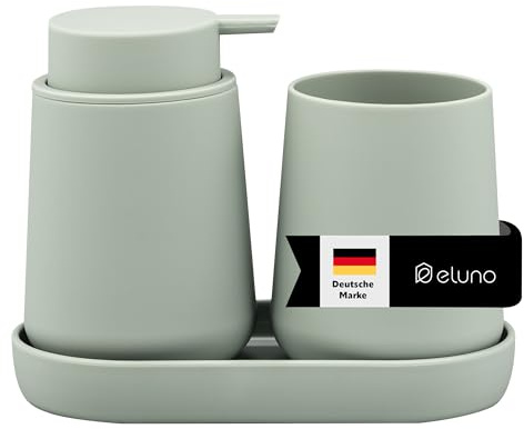 eluno Badezimmer-Set TESERO mit Soft-Touch Oberfläche, Bad-Accessoires Set 3tlg. bestehend aus 1x Seifenspender, 1x Becher und 1x Schale, ideal für Badezimmer und Küche aus Kunststoff (Salbei)