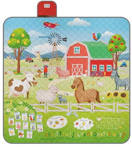 Lustig Picknickdecke Wasserdicht Faltbar Tragegurt für Kinder - Bunte Farbige Outdoor Camping Decke Mädchen Jungen - Stranddecke Strandmatte Washbar für Strand Park Picknick (Bauernhof, 200x200 cm)