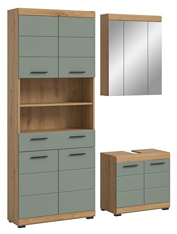 xonox.home – Badkombination Scout 149x191x34 cm in Artisan Eiche und Salbei Nachbildung – Zeitgemäße Badezimmerlösung mit Stauraum – kompakt, wohnlich & pflegeleicht