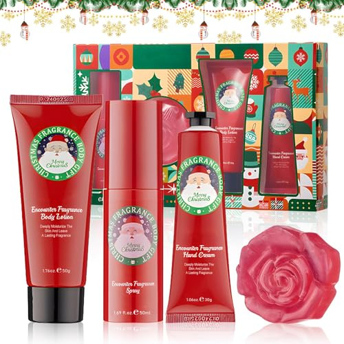 Body Lotion Geschenkset für Frauen – 4-teiliges Set mit Handcreme, Körperlotion, Körper-Spray und ätherischem Ölbalsam – Tiefenwirksame Feuchtigkeitspflege für Weihnachten – Perfektes Geschenk
