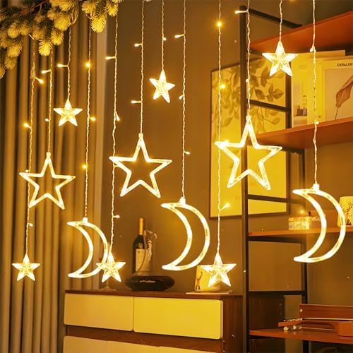 Aigostar Warmlicht Vorhänge mit Sternen und Monden 3x0.6m， 2 Stück， lichtervorhang Innen mit Fernbedienung， 8 Modi， Timer， wasserdicht， lichterkette fenster für Innen， im Freien， christmas decorations