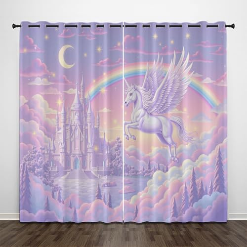 CEDNXOER Vorhänge Blickdicht Einhorn-Cartoon, Verdunklungsvorhänge mit Ösen Verdunkelung Rosa Märchen Schlösser Wohnzimmer Curtains Gardinen Vorhänge Schlafzimmer, 2er/Set, H 200 x B 70 cm
