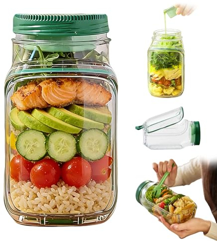 Nocecfi Salad Pod Jar Side Open, Leak Proof Sauce Dressing Case with Lids, Vertical Layering Salads Pod Container Built-in Bowl Design, Reusable Salad Box for Fruit and Lunch (1pcs)