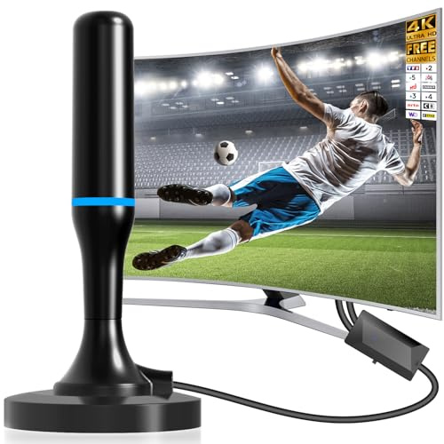 Antenne TV intérieur, Antenne TV Intérieur Puissante TNT HD, Antenne TNT Intérieur Amplifiée pour Téléviseur Intelligent, Antennes TNT 4K 1080P pour Chaînes Locales, Base Magnétique, Câble 3m (Blue)