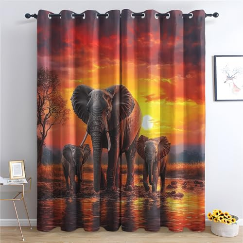 Venivici Afrika Elefant Vorhänge Wohnzimmer Schlafzimmer - Sonnenuntergang Vorhang mit ösen, Gardinen Blickdicht, Verdunklungsvorhänge Kinderzimmer, Thermovorhang 2er Set, H 137 x B 117 cm