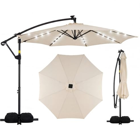COSTWAY Sombrilla Terraza Exterior con Base, Parasol Excentrico con 32 Luces LED, Rotación de 360°, Manivela, Sacos de Arena, Sombrilla Jardín Grande (Beige, 300 x 300 cm(con Luz Más Brillante ))