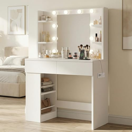 Devoko Schminktisch mit Beleuchtung und Spiegel 55x45cm, moderner Frisiertisch mit Steckdose & USB-Ports, 3 Farbmodi, 2 Schubladen & Verstellbarer Seitenkasten, Makeup Table für Schlafzimmer, Weiß