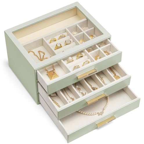 VLANDO Schmuckkästchen Groß,Schmuckaufbewahrung mit 3 Ebenen,PU leader | Schmuck Organizer für Halsketten, Ohrringe, Uhren, Armbänder,Wohndekoration, Geschenk für Damen,Cremegrün