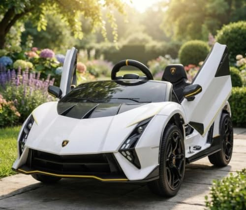 Alivio 12V Lamborghini Electric Ride On Car for Kids, White | 2.4GHz Remote Control, Licensed Battery Powered, LED Headlights, Safety Belt & Music, Toddlers Aged 3-7 Years