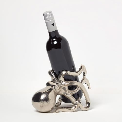 HOMESCAPES Silver Octopus Wine Holder – Nautical Table Top Bottle Stand | Table top display stand, aluminium with silver coating, 12x20x15cm, coastal charm for entertaining, gift for wine lovers