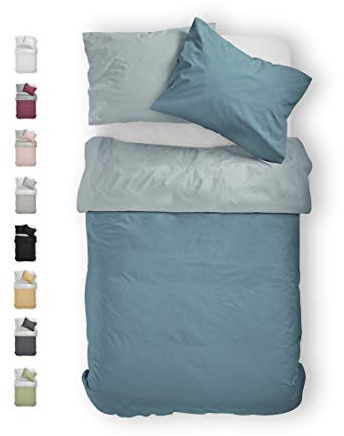 BLUE MOON Bettwäsche 140x200 cm Satin Bettwäsche-Sets 100% Baumwolle Wendebettwäsche - Made in EU - 1x Bettbezug 140x200 cm und 1x Kopfkissenbezug 70x90 cm (Aqua, Bettbezug 140 x 200 + 70 x 90 cm)