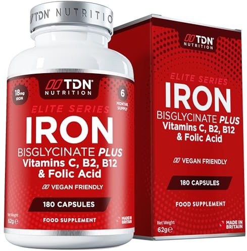 Gentle Iron Capsules 18mg Iron Complex with Vitamin C, B12, B2 & Folic Acid - Iron Supplement for Women & Men - 180 Small High Strength Capsules - 6 Month Supply - UK Formulated - Vegan Friendly
