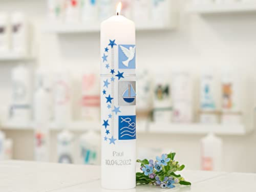 meinkerzenshop Taufkerze Paul Junge oder Mädchen mit Name und Datum, individuell, persönlich u. handgemacht 17365