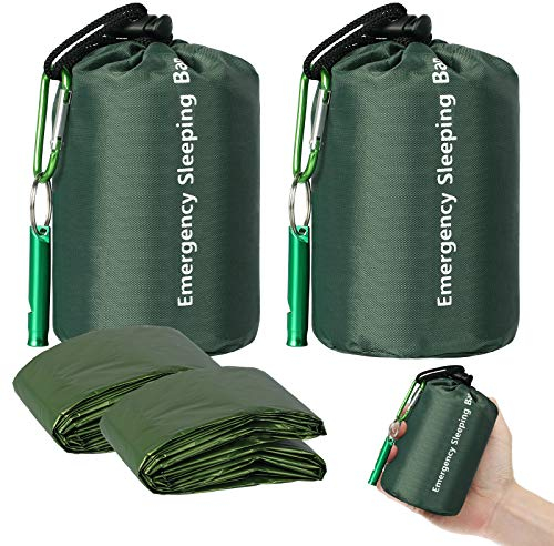 EEEKit Notfall Schlafsack, 2 Stück Wasserdicht Überlebenssack, Thermo Notfalldecken, Tragbare Mylar Überlebensausrüstung mit Pfeife für Camping Wandern (Grün)