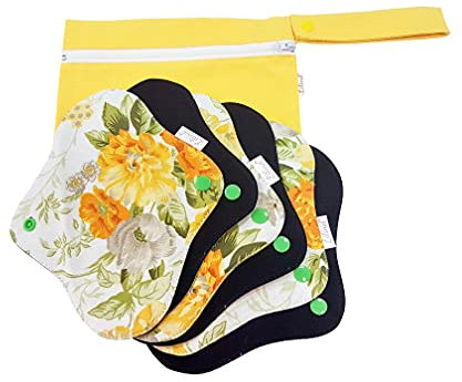Lilind® Bio-Stoff-Einlagen, 6 Stück, 24 cm, schwarz, Starter-Set, mit Reißverschluss, Nassbeutel, wiederverwendbar, wasserdicht, Menstruationsbinden, 100 % Baumwolle, gelbe Blumen