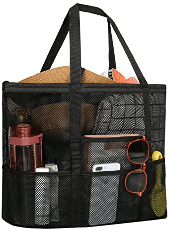 ZWOOS Bolsa de Playa de Malla, Bolsas Compra Reutilizables para Almacenamiento Juguetes Bolsa Plegable de Compras para Playa, Natación, Camping, Compras, Vacaciones Familiares (L, Negro)
