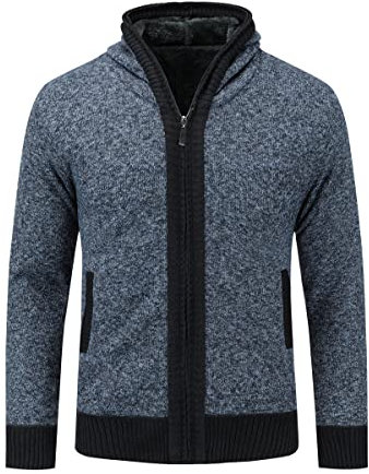 Sliktaa Maglione da uomo lavorato a maglia con cappuccio cardigan con cerniera maglione con cerniera per l'inverno, Blu, S