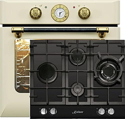 Kaiser Herdset Einbaubackofen EH 6432 ElfBE + KCG 6394 Turbo, Retro Einbau Backofen Elektro, Autark, 68 L, Drehspieß, 10 Funktionen+60cm, Schwarz Glas, Einbau Herd, 3,8kW WOK,Erdgas Fl.Gas