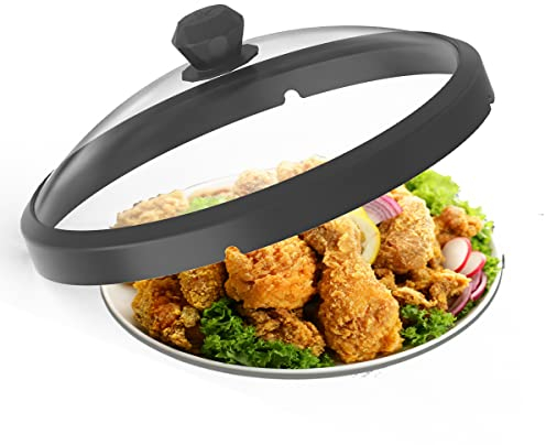 Cubierta de vidrio para microondas, tapa protectora contra salpicaduras con asas de silicona antiquemaduras y borde ventilado para cubierta de platos de olla de alimentos, 10.5 pulgadas, color negro