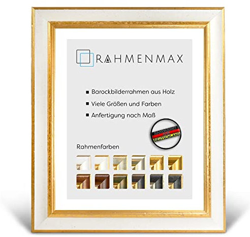 RahmenMax® Barock Bilderrahmen 60x80 cm Glarus zum Aufhängen/Vintage Bilderrahmen Maßanfertigung möglich/Posterrahmen aus Holz/Bilder Rahmen in Weiß-Gold mit Acrylglas/Puzzle Rahmen