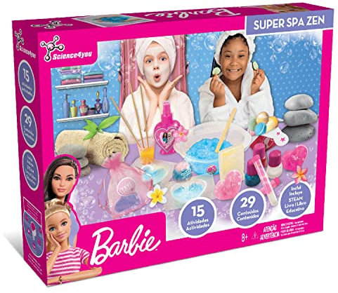 Science4you Super Barbie SPA Zen - Kit de Manualidades para Niñas 7-9+ años de la Barbie Princesa - Hace Bombas de Baño, Jabones, Aceite de Masaje y Mucho Más - Regalos de Barbies