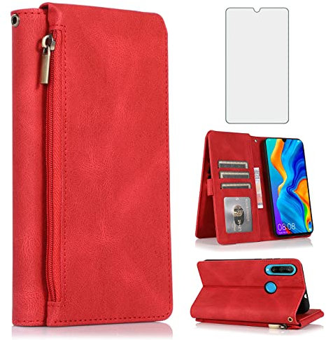 Asuwish Compatible avec Huawei P30 Lite Étui portefeuille en verre trempé protecteur d'écran fermeture éclair en cuir rabat porte-cartes support accessoires téléphone pour Hawaii P30Lite P 30 30Lite