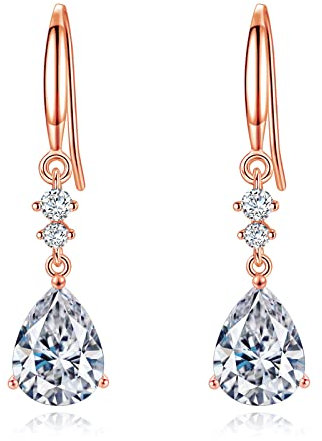 Sterling Silver Dangle Earrings for Women, Hypoallergenic Cubic Zirconia Teardrop Dangle Drop CZ Earring Jewellery Gifts for Girls, Rose Gold