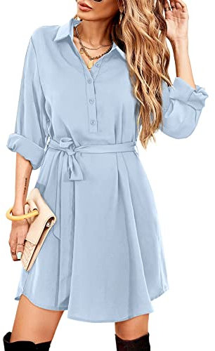 Beluring Womens V Neck Wrap Dresses Casual Long Sleeve Blouse Dress Light Blue Size 22 24