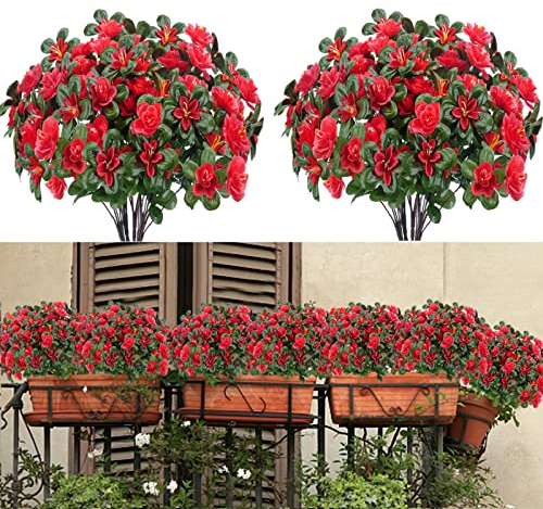 GTIDEA 8 Stück künstliche Azalee aus Seide, künstliche Primsen, Blumenstrauß, künstliche Grünpflanzen, künstliche Blumen für den Außenbereich, Innenbereich, Garten, Veranda, Eingangsbereich, Rot