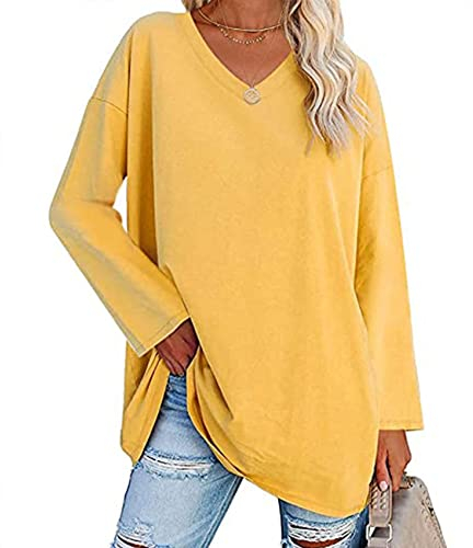 Damen T-Shirt Multi-Color Lose Drop Shoulder Sleeve V-Neck Solid Colour Pullover Long Sleeve Women's Tops
