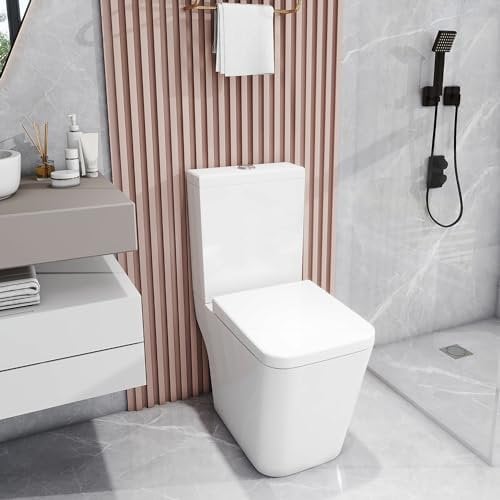 Robanmoa Rimless Close Coupled Toilet WC White Ceramic Open Back Bathroom Toilets Back to Wall & Dual Flush Cistern Soft Close Seat Modern Square Toilet for Cloakroom WC