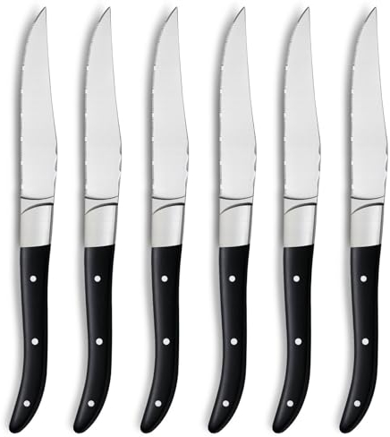 Pleafind 6 pezzi premium coltelli da bistecca, elegante set di coltelli da bistecca in acciaio inox nero, coltelli bistecca seghettati, coltelli da bistecca affilati, coltelli da tavola