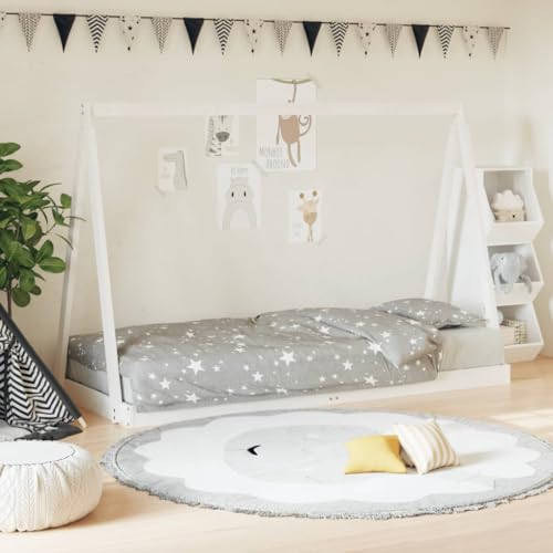 Festnight Kinderbett 80x200 cm Hausbett für Jungen & Mädchen ab 4 Jahren Kinder Bett Holz Jugendbett Bodenbett Massivholz Holzbett Bettrahmen Bettgestell mit Lattenroste Einzelbett Weiß