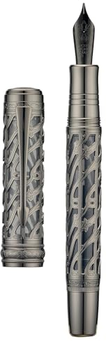 HONG DIAN Hongdian A6 Piston Fountain Pen Extra Fine Soft Nib, Jet Black Hollow Skeleton & Resin Pen with Metal Case Set