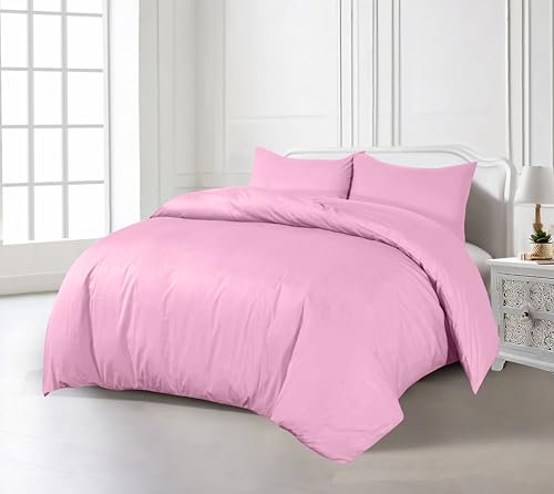 Crescent Textile 200TC Duvet Cover Bedding Set Single, Double, King, Super King Size 100% Egyption Cotton Hotel Quality Duvet Set with Easy Closure (Pink, Double)