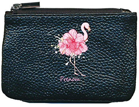 Petit Porte Monnaie en Cuir Porte cles Noir Flamant Rose personnalise avec prenom