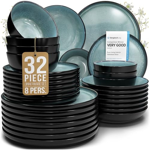 32 Piece Dinnerware Sets for 8 - Modern Style Stoneware Dinnerware Set - Scratch Resistant, Dishwasher Safe Plates and Bowls Sets Ceramic, Dish Set, Bowl and Plate Set - Black and Petrol Blue…