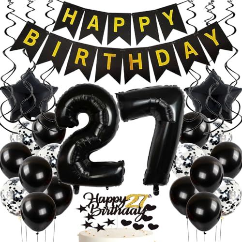 Feelairy Luftballon 27. Geburtstag Deko Männer, Geburtstagsdeko 27 Jahre Frauen, Schwarz Tortendeko Happy Birthday Deko 27. Geburtstag Frau, Ballon 27. Geburtstag Mann Party Dekoration Set