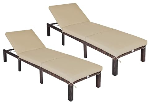 GIANTEX Sonnenliege Rattanstuhl Outdoor, Gartenliege Relaxliege Rattan Liege inkl. Auflage, Terrassenstuhl mit 6-Fach Verstellbarer Rückenlehne, Liegestuhl Balkonliege (2)