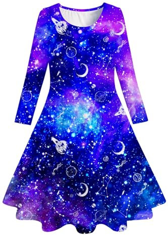Belovecol Ragazze Vestito Manica Lunga Viola Galassia Vestito Bambini Autunno Inverno Primavera Casual Vestito Ragazze Skate Dress per 8-9 Anni