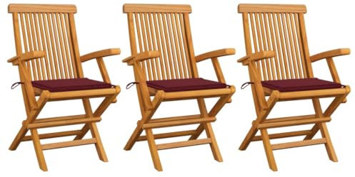 Homgoday Gartenstühle mit weinroten Kissen, 3 Stück, Massivholz Teak, Möbel Esszimmerstühle für Garten, Stühle für den Außenbereich, Gartenmöbel, Terrassenmöbel