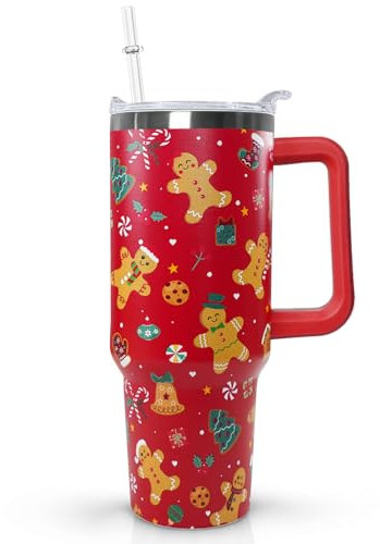 Ceovfoi 40 Oz Gingerbread Tumbler With Handle, Coffee Travel Mug Cup Water Bottle, Christmas Decor and Gifts for Women