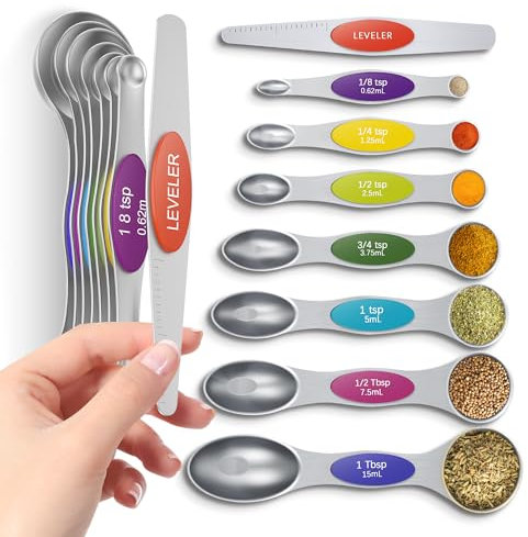 Hochwertiges magnetisches Messlöffel-Set, starke N52-Magnete, robuster Edelstahl, doppelseitig, für Gewürzgläser und Flüssigkeiten, spülmaschinenfest, 7 Löffel mit Nivellierer zum Backen und Kochen